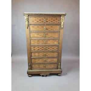 Louis XVI Style Secretary Desk In Marquetry Wood And Gilt Bronze