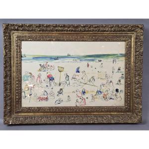 Javaux, Mixed Media "beach Scene" Circa 1950