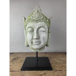 Reconstituted Stone Buddha Head, Mounted On A Base, Early 20th Century 