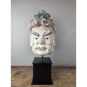 Wooden Head On A Base, Representing A Temple Guardian, China, Late 19th Century