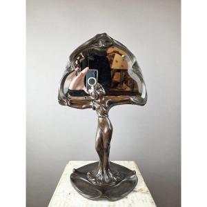 F. Flora, Art Nouveau Mirror In Patinated Spelter