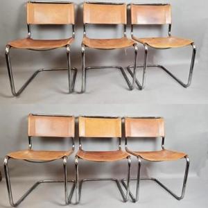 Set Of 6 Thonet Chairs In Tubular Metal, Yellow Leather Seats.
