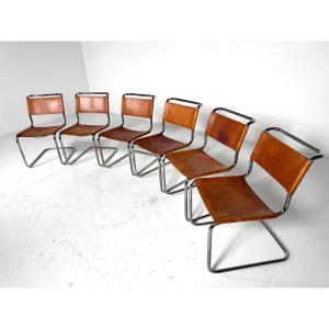 Set Of 6 Thonet Chairs In Tubular Metal, Yellow Leather Seats.