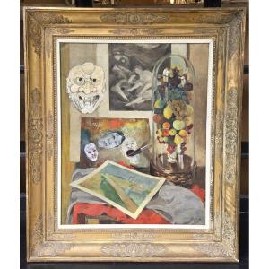 Pol F. Mathieu, Belgian School, 20th Century, Oil On Canvas "still Life With Masks"
