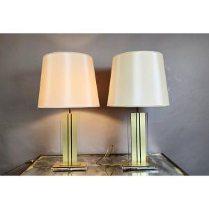 Pair Of Table Lamps In Lucite And Gilded Brass, 1970