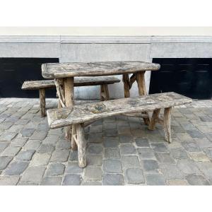 Garden Set With Table And 2 Benches, Early 20th Century