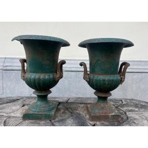 Pair Of Medici Basins In Green Lacquered Cast Iron, 20th