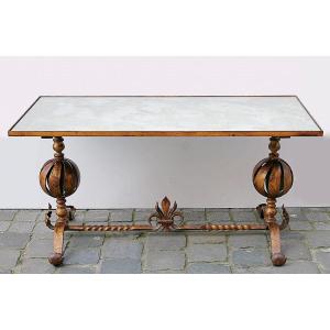 Bronze Coffee Table With Eglomised Glass Top, Circa 1940