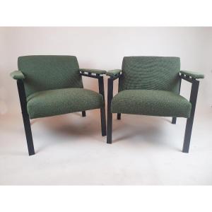 Pair Of Armchairs In Black Lacquered Metal And Green Fabric, 1960