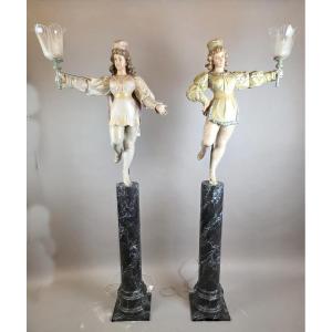 Carved And Polychromed Wood Torchères, Late 19th Century