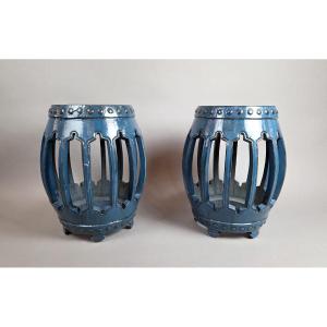 Pair Of Blue Lacquered Wood Stools, China Late 19th Early 20th