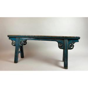 Carved And Blue Lacquered Wood Bench, Late 19th Early 20th Century