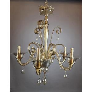 Murano Chandelier In Amber Glass With 6 Lights, Circa 1950