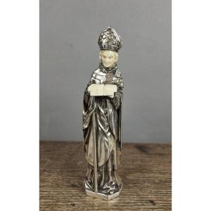 Silver And Bone Bishop Statuette - France - 20th Century
