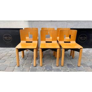 Suite Of 6 Chairs, Wood With Lacquered Metal Base, 1980s