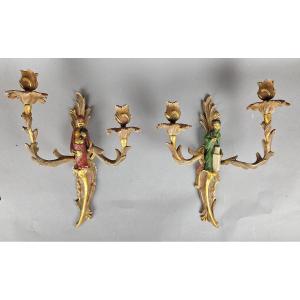 Pair Of Polychrome Bronze Sconces In The Maison Janssen Style