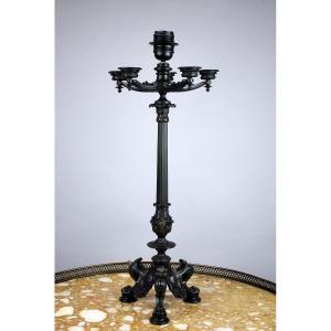 Charles X Candlestick In Bronze With Green Patina