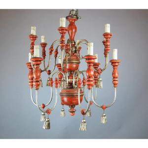Italian Chandelier In Patinated Wood, 1950s
