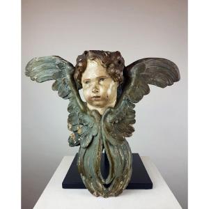 Cherub In Carved And Polychromed Wood, Italy 19th