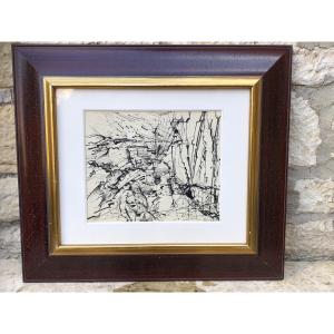 Alkis Pierrakos 1920 - 2017 "woman In A Landscape" Indian Ink Drawing