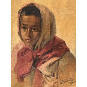 Odette Bruneau “young Moroccan Woman With Pink Scarf” Morocco 1943. Oil On Canvas.