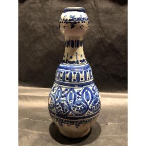 White/blue Perfume Bottle "matrab" Ceramic From Fez, 19th Century 
