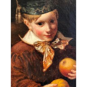 Portrait Around 1820 "child With A Day Cap And Fruits"