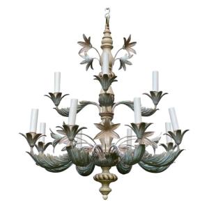 Maison Baguès Chandelier In Painted Wood And Repoussé Metal