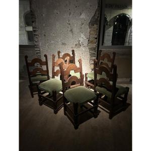 Set Of 6 Art Deco Oak Chairs From The '40s