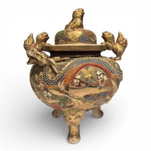 "koro" Satsuma Faience Incense Burner, Imperial Dragon And Arhats, Meiji Era 
