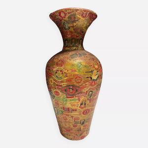 Vase Decorated With Cigar Bands, Folk Art, Circa 1900 