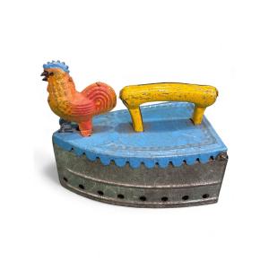 Antique Collectible Metal Toy - Miniature Iron With Rooster Decoration, Circa 1930