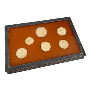 Silver-plated Metal And Orange Glass Box With 6 Seal Impressions, France, 20th Century