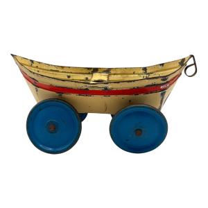 Vintage Toy Pull-along Boat Made Of Lithographed Tinplate, Toys Goso (germany), Circa 1930