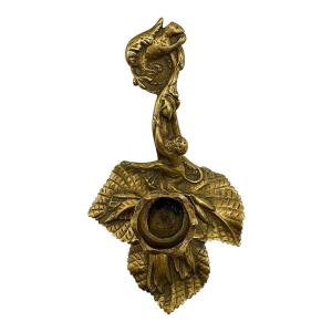 Art Nouveau Bronze Hand Candlestick With Animal Decorations Of A Monkey And A Squirrel, Circa 1900