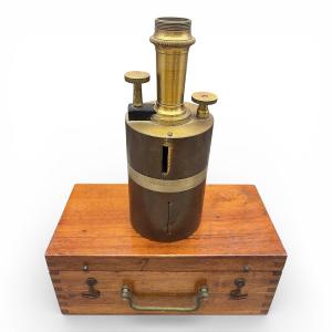 Solid Brass Surveyor's Square With Its Wooden Case - 19th Century