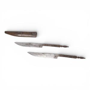 Pair Of Kabyle Knives Or Razors In Their Cedar Sheath