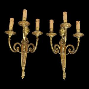 Pair Of Bronze Wall Sconces With Quivers And Rams' Heads - Louis XVI Style - Late 19th Century