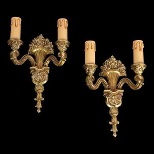 Pair Of Gilt Bronze Wall Sconces With Bouquets Of Roses - Louis XVI Style - 19th Century