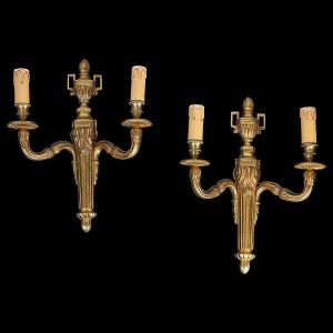 Pair Of Gilt Bronze Wall Sconces With A Quiver And Antique-style Vase - Louis XVI Style - 19th Century