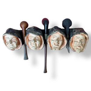 Wall-mounted Pipe Rack With Four Faces And Three Pipes - Mid-20th Century - Folk Art Circa 1930