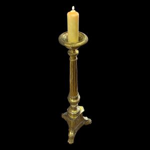 19th Century Gilt Bronze Altar Candlestick With Decoration Of Three Sacred Symbols - H 73 Cm