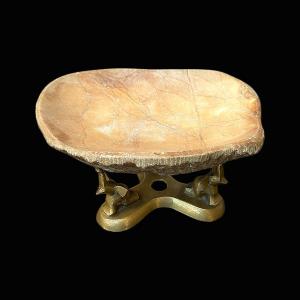 Brass Trinket Tray Decorated With Three Elephants And A Translucent Alabaster Bowl - Circa 1950
