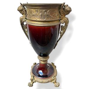 Louis XVI Style Glazed Ceramic And Gilded Metal Vase On Pedestal - France - Late 19th Century