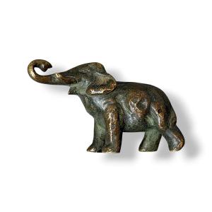 Elephant With Raised Trunk - Solid Patinated Bronze - Late 19th/early 20th Century - Length 7 Cm