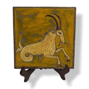Vallauris Style Glazed Ceramic Tile - Zodiac Sign Capricorn 20x20cm - Circa 1950