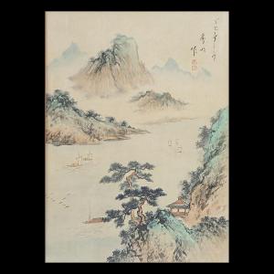 Peinture Chinoise De Paysage Shanshui - Signed & Dated 1977 - Ink And Colours - 36,5 X 26,5cm