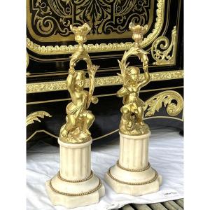 Pair Of Bronze Putti Candlesticks/candles, Napoleon III Period