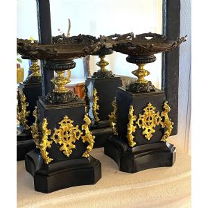 Pair Of Bronze And Marble Cassolettes, Napoleon III Style Mantelpiece Set