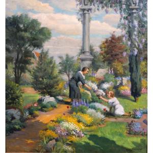 Karel Jongelinghs 1871-1948 Women In The Garden Picking Flowers, Painting, Circa 1920-30